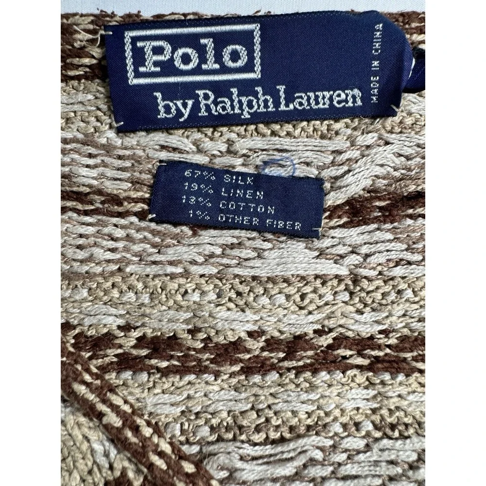 Vintage 90s Polo Ralph Lauren Silk Linen Fair Isle Sweater Mens L Brown Tan